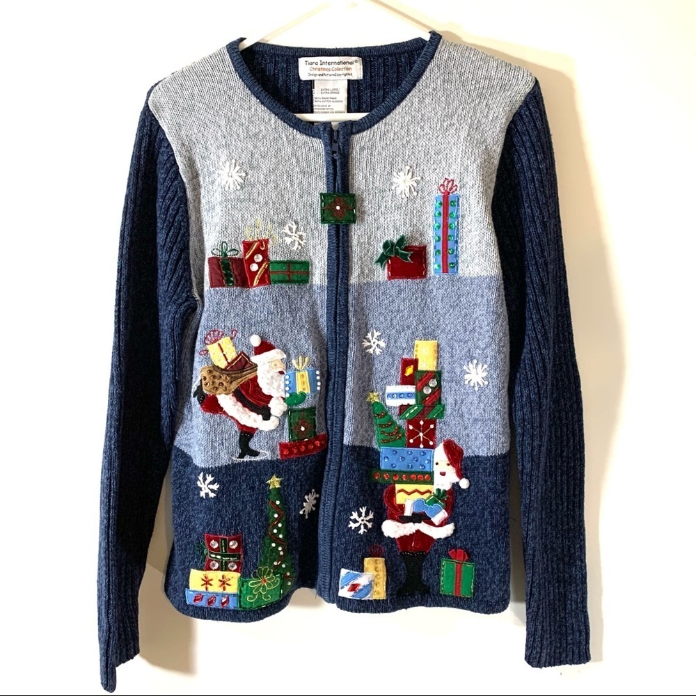 Tiara Christmas Sweater Santa and Presents Zip Cardigan